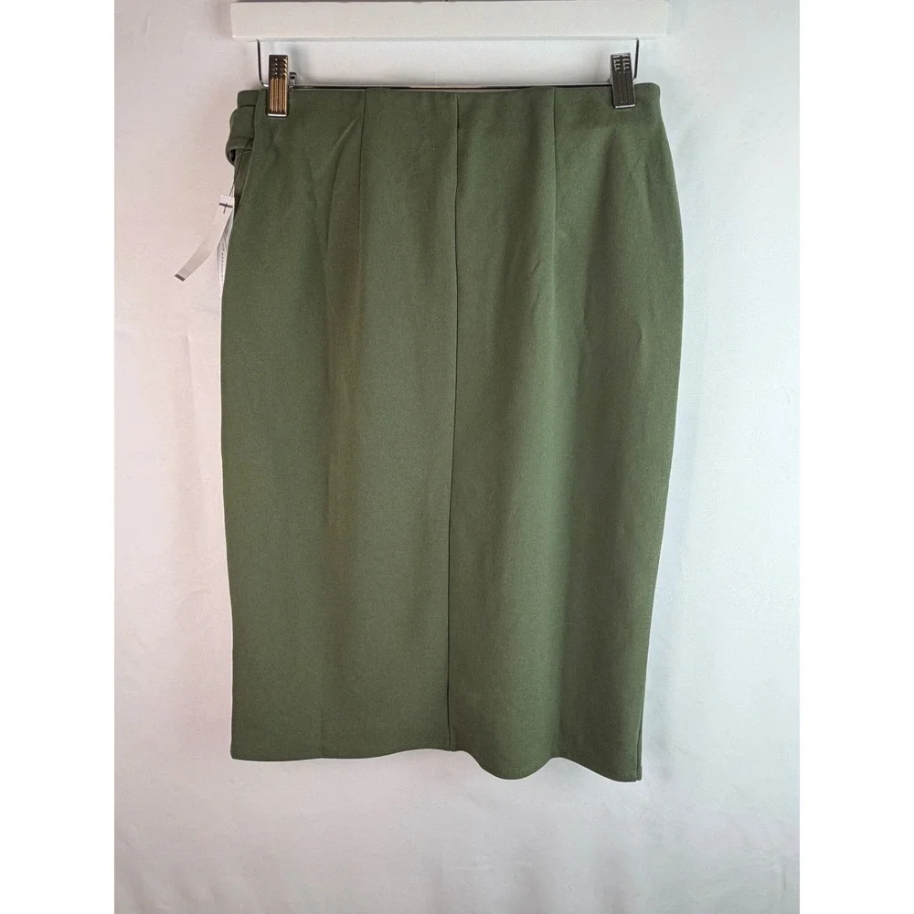 NY Collection Olive Green Petite Slim Belted Scuba Crepe Cargo Skirt Medium Chic